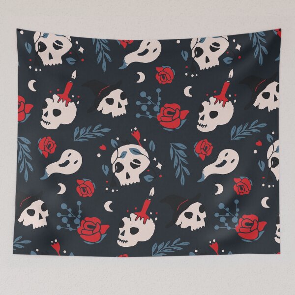 Aperçu de l'œuvre Roses et bougies rouges motif de crâne Halloween créée et vendue par Graphix-Space.