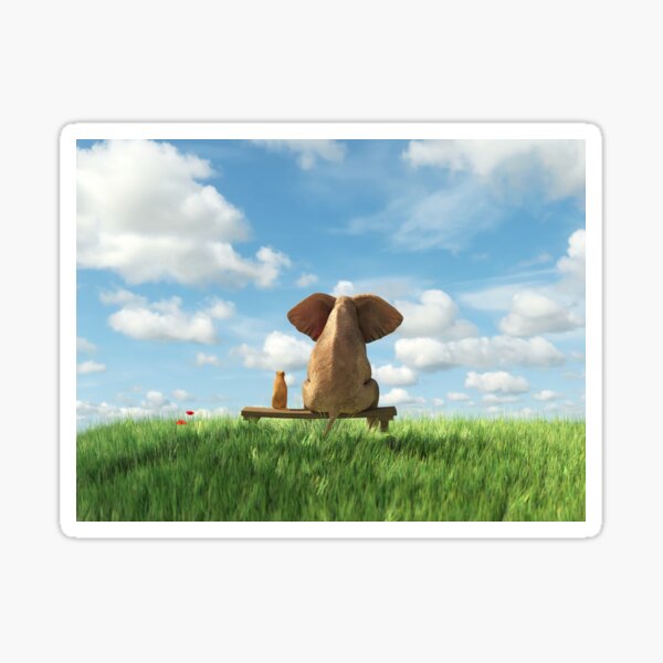 elephant and dog sit on a green field Sticker