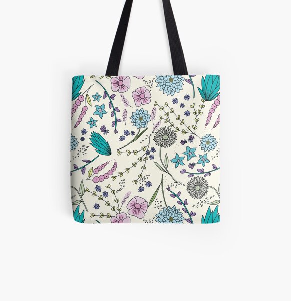 Floral Garden Pink and Blue | Original Art Illustration All Over Print Tote Bag