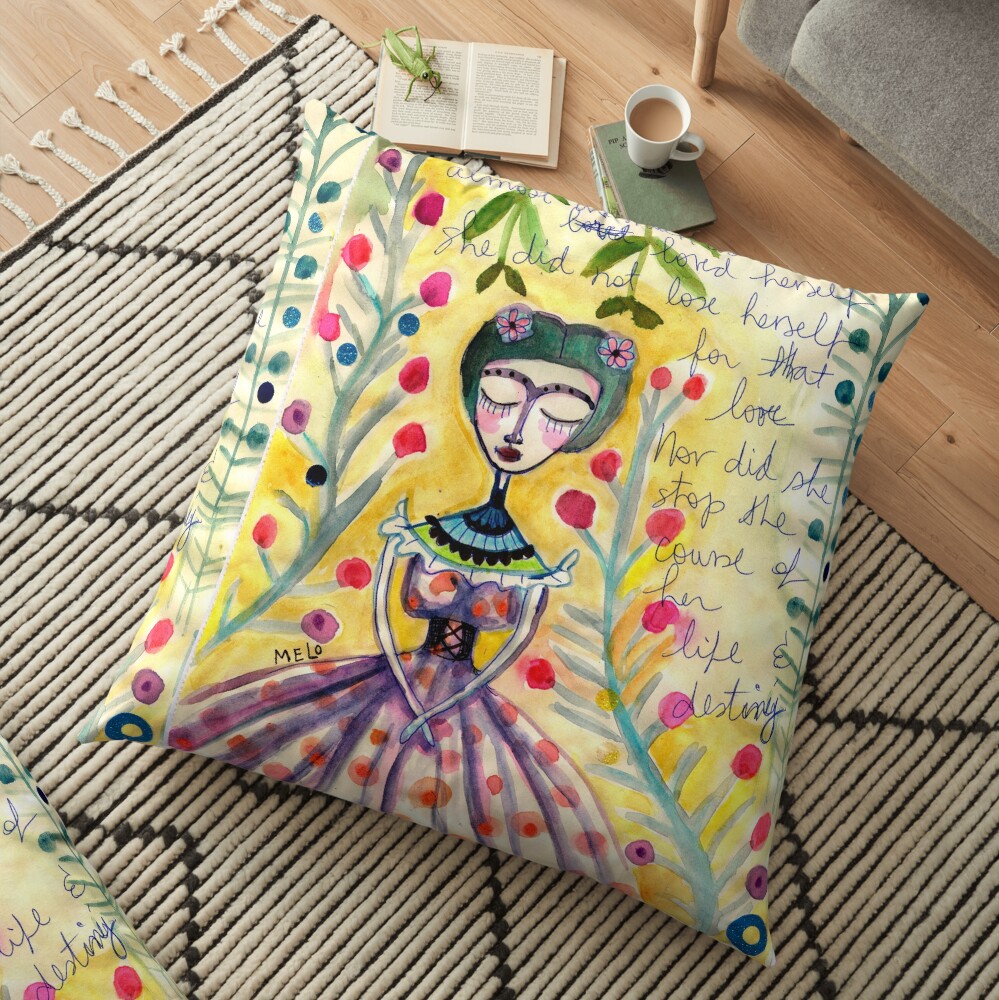 Frida Kahlo Portrait in Yellow background by Cris Melo Floor Pillow