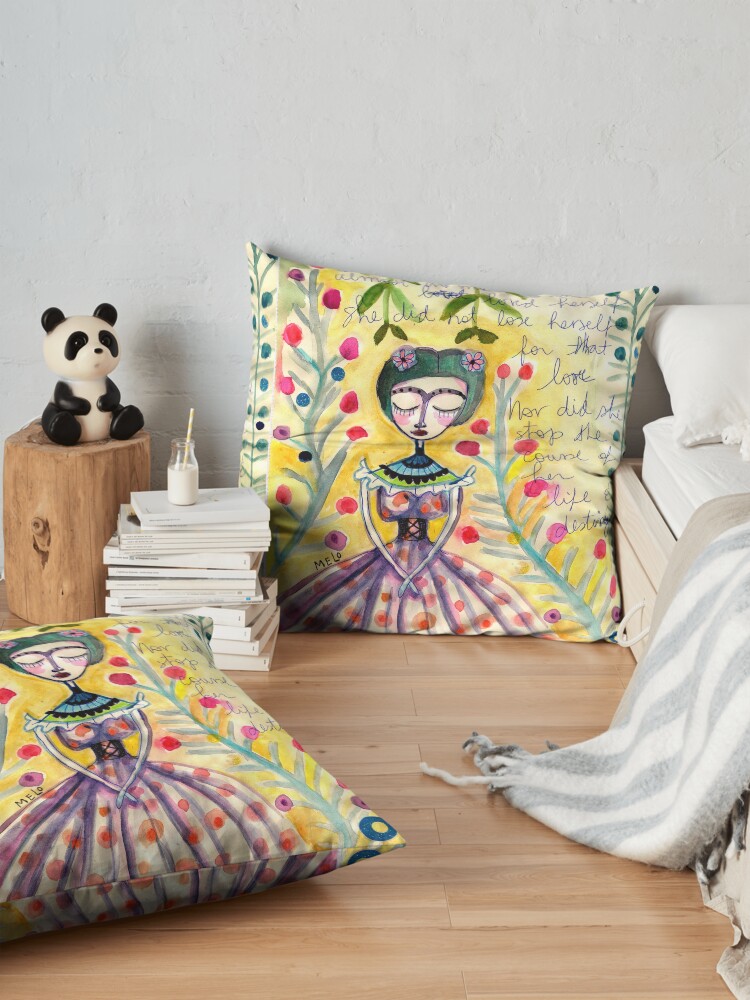 Alternate view of Frida Kahlo Portrait in Yellow background by Cris Melo Floor Pillow