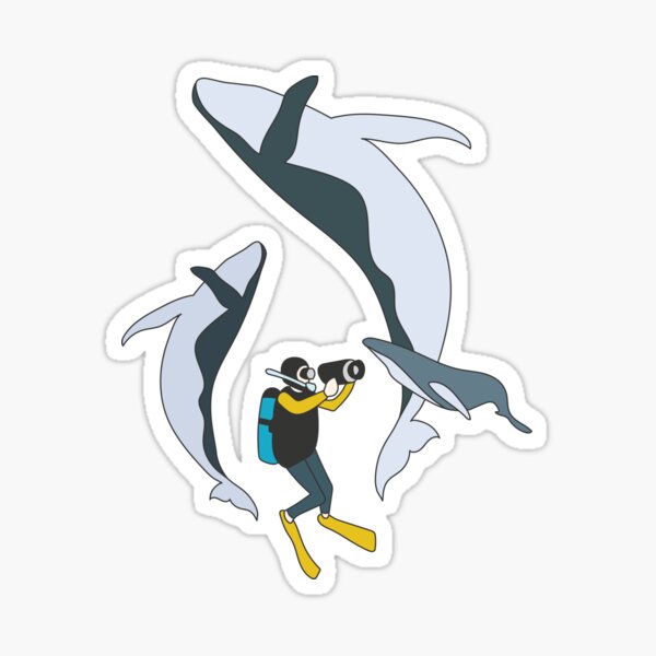 Humpback Whales and Diver (colored) Sticker
