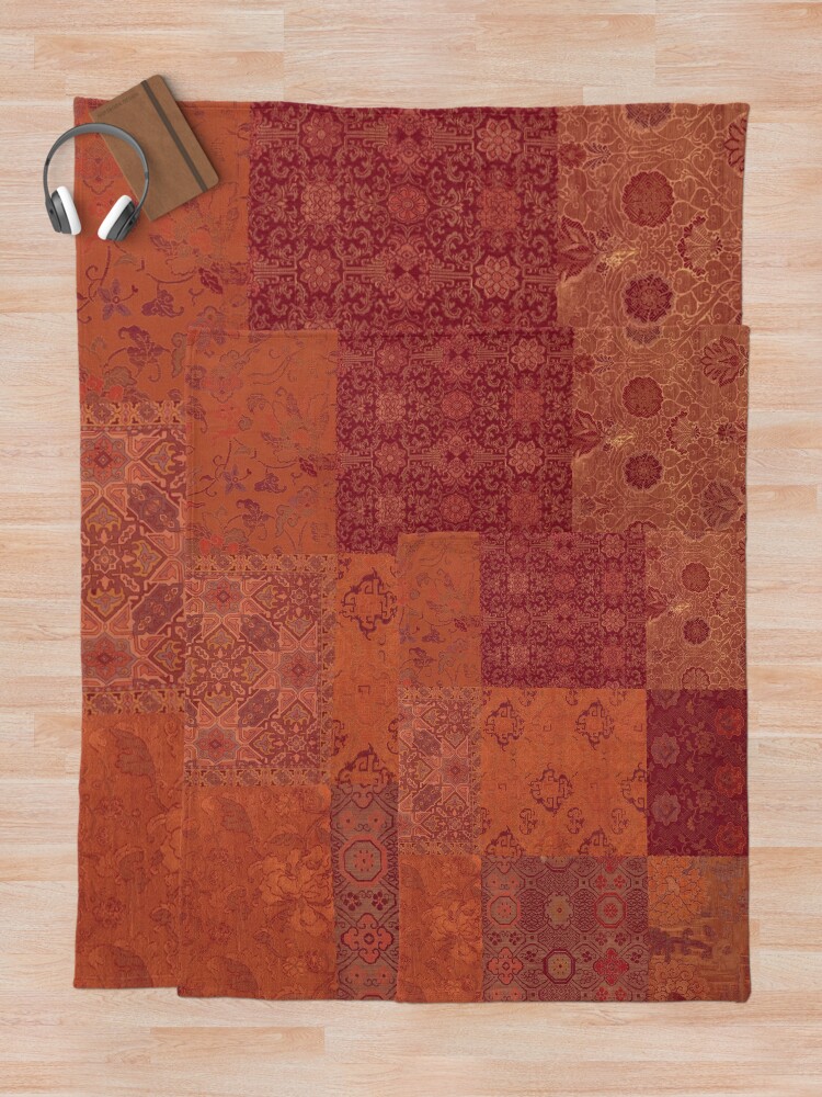 "Vintage Bohemian Quilt in Burnt Orange" Throw Blanket for Sale by