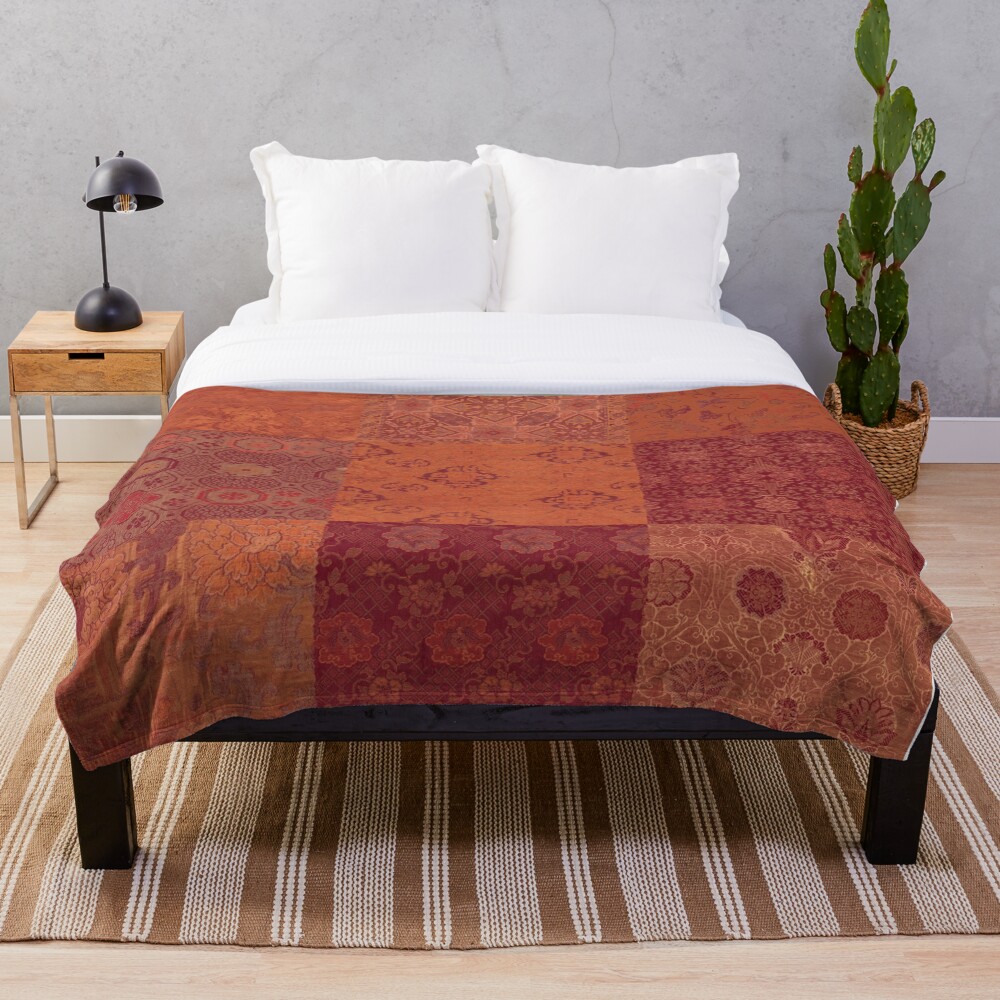 "Vintage Bohemian Quilt in Burnt Orange" Throw Blanket for Sale by