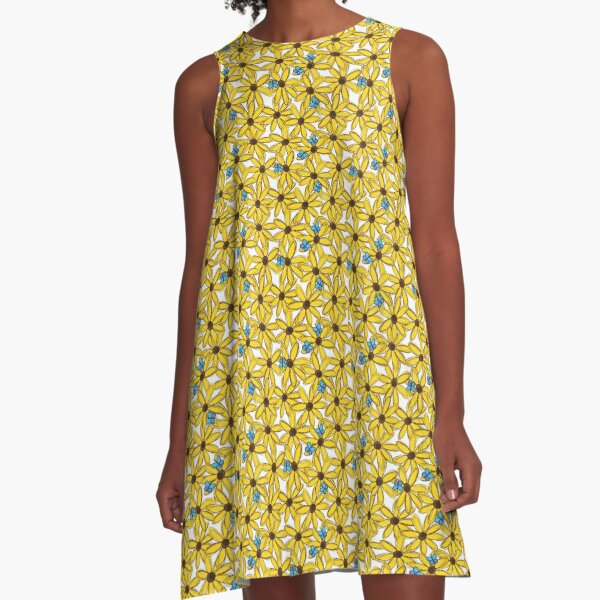 Black-Eyed Susans and Butterflies Pattern on White A-Line Dress