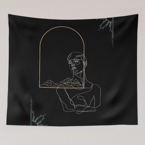 Item preview, silver  gold accent Minimalist Aesthetic man and arch with mountains designed and sold by SpicyCherrys.