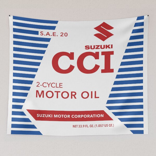 Item preview, Suzuki CCI vintage 2-stroke oil can layout designed and sold by Hecksploitation.
