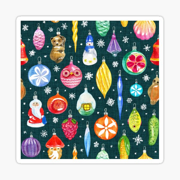 Vintage Christmas Ornaments on dark teal Sticker