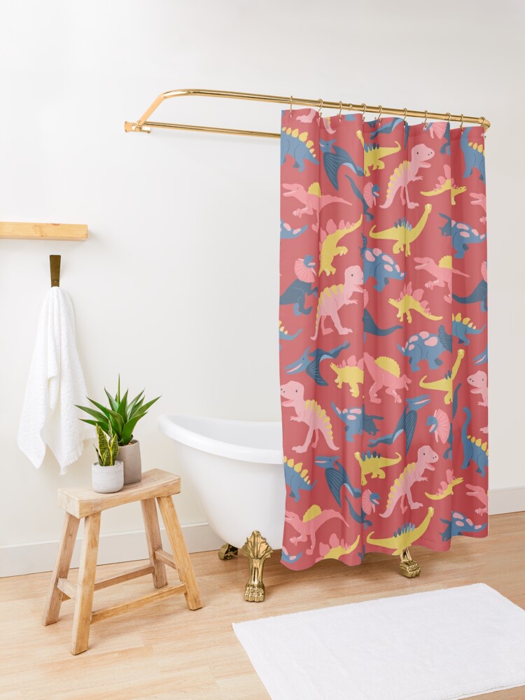 Shower Curtain, Happy Dinosaurs Primary designed and sold by Meredith Ann