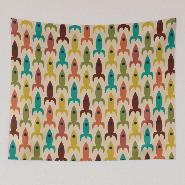Item preview, Space Age Rocket Ships - Colorful Mid-Century Modern Atomic Age Aerospace Pattern in Teal, Olive, Mustard, Orange, and Mid Mod Beige designed and sold by kierkegaard.