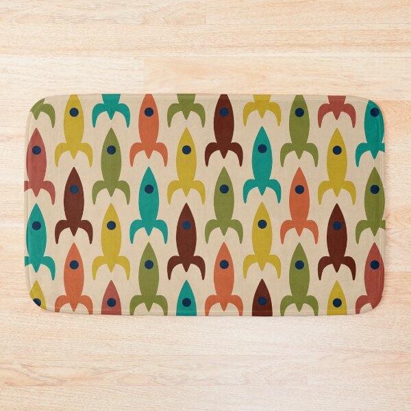 Item preview, Space Age Rocket Ships - Colorful Mid-Century Modern Atomic Age Aerospace Pattern in Teal, Olive, Mustard, Orange, and Mid Mod Beige designed and sold by kierkegaard.