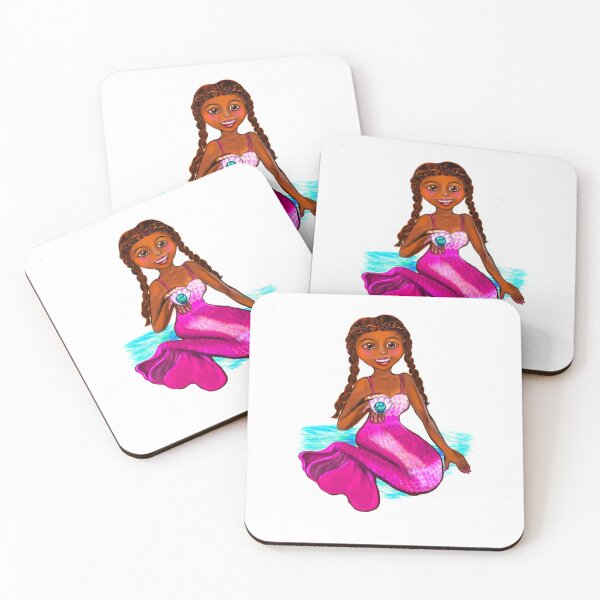 Item preview, Anime mermaid holding a rare black pearl, brown eyes, Afro hair in two cane rows  and caramel brown skin - light background designed and sold by Artonmytee.