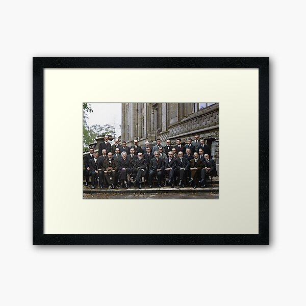 The most intelligent picture ever taken: Participants of the 5th Solvay Conference on Quantum Mechanics, 1927. 17 of the 29 attendees were or became Nobel Prize winners. Framed Art Print
