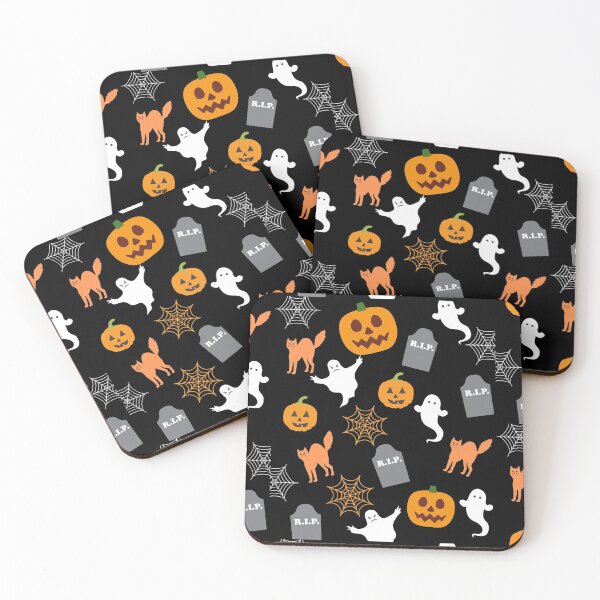 Item preview, Halloween Pattern with Cats, Pumpkins, Spider webs, ghosts and Grave stones designed and sold by WriteThatDown.