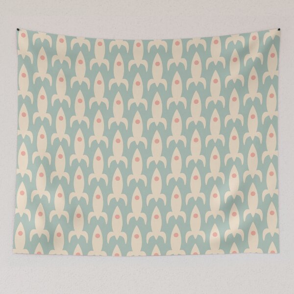 Item preview, Space Age Rocket Ships - Mid-Century Modern Atomic Age Aerospace Pattern in Cream, Blush, and Celadon Mint designed and sold by kierkegaard.