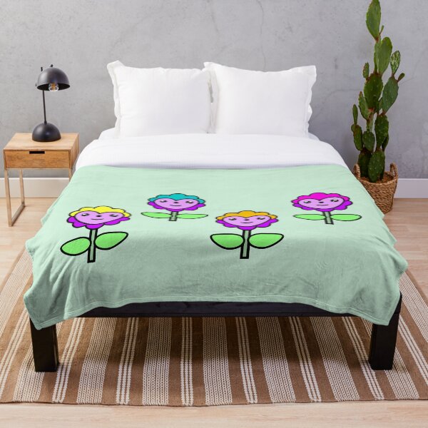 Item preview, 4 flores multicolores, diseño Kawaii, ilustración de camiseta de fondo verde designed and sold by Stéphane  Thirion.