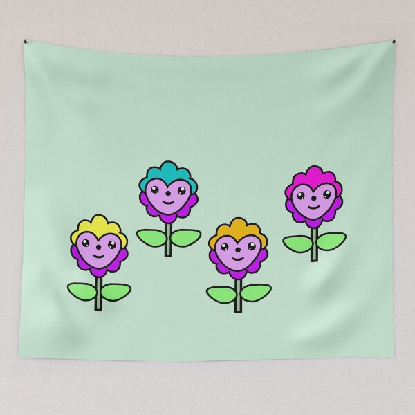 Item preview, 4 Multicolored flowers, Kawaii design, green background t-shirt illustration designed and sold by Stéphane  Thirion.