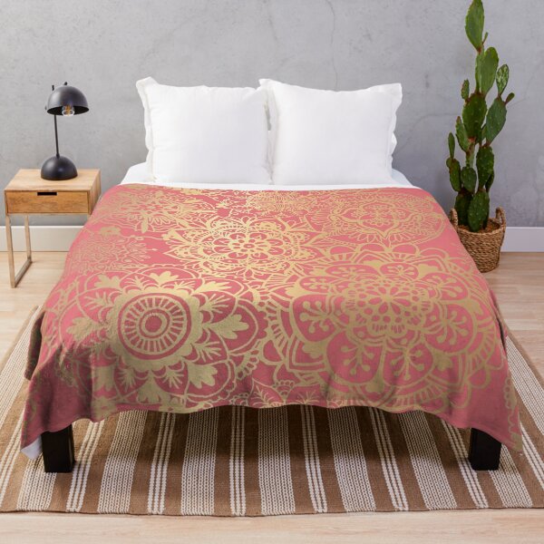Coral Pink and Gold Mandala Pattern Throw Blanket