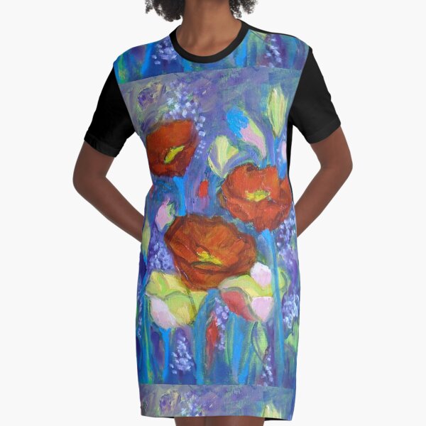 Red Poppies on Blue Graphic T-Shirt Dress