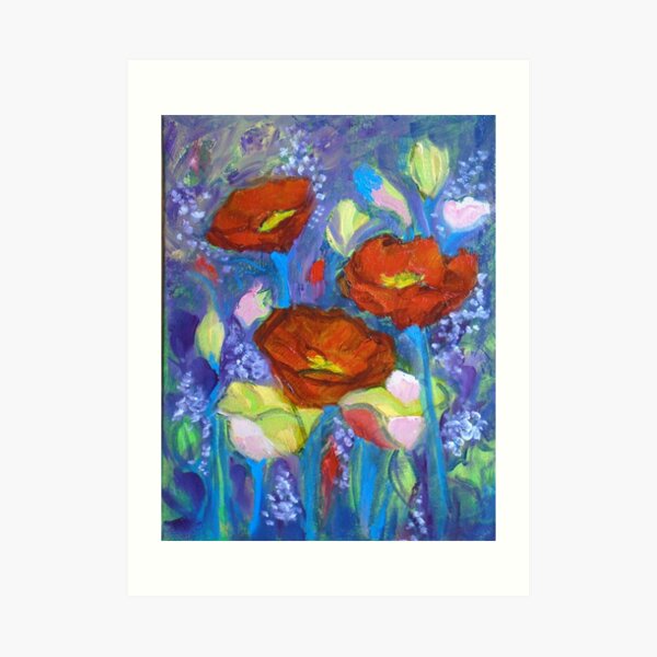 Red Poppies on Blue Art Print