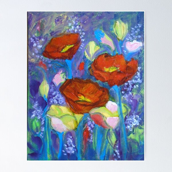 Red Poppies on Blue Poster
