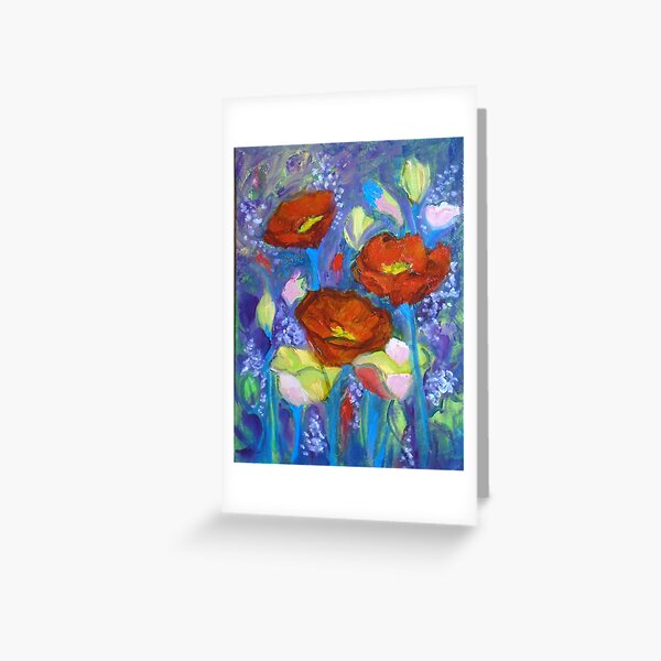 Red Poppies on Blue Greeting Card