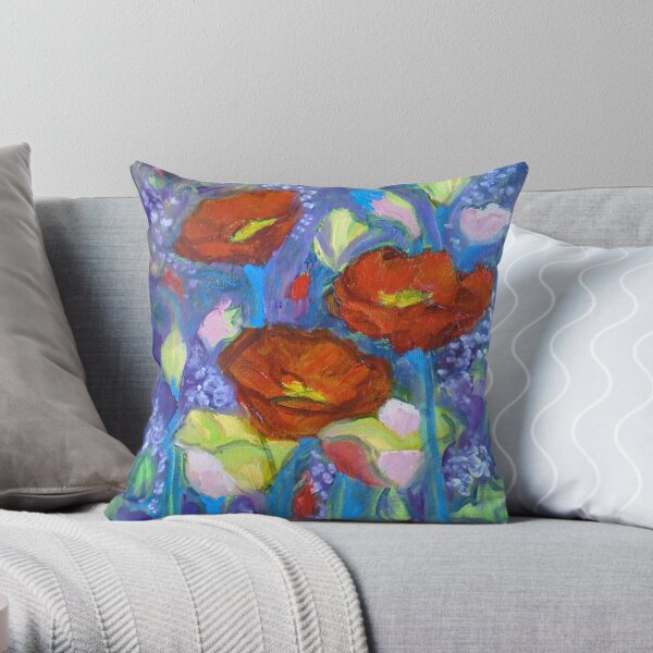 Red Poppies on Blue Throw Pillow