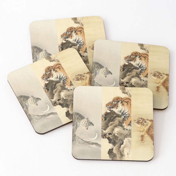 Item preview, THREE JAPANESE TIGERS ON THE ROCKS in Gold Yellow Grey Hues designed and sold by BulganLumini.