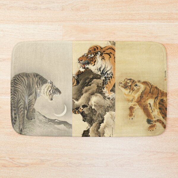 Item preview, THREE JAPANESE TIGERS ON THE ROCKS in Gold Yellow Grey Hues designed and sold by BulganLumini.