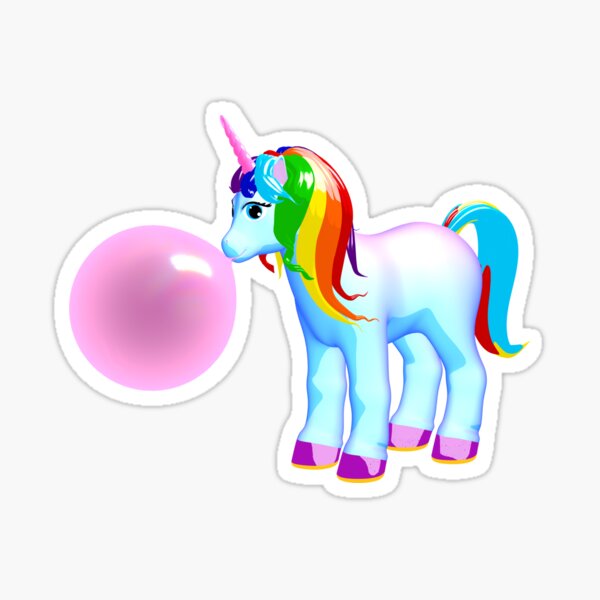 Cute Rainbow Unicorn with Pink Bubble Gum Balloon Sticker