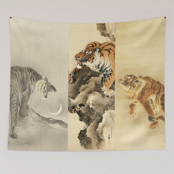 Item preview, THREE JAPANESE TIGERS ON THE ROCKS in Gold Yellow Grey Hues designed and sold by BulganLumini.