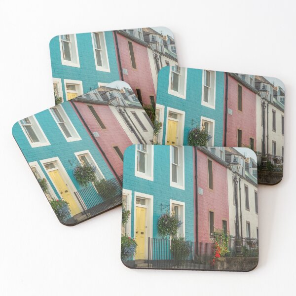 Item preview, Colorful Terrace Houses and Hanging Baskets on a Street in South Queensferry, Scotland designed and sold by marthadoom.