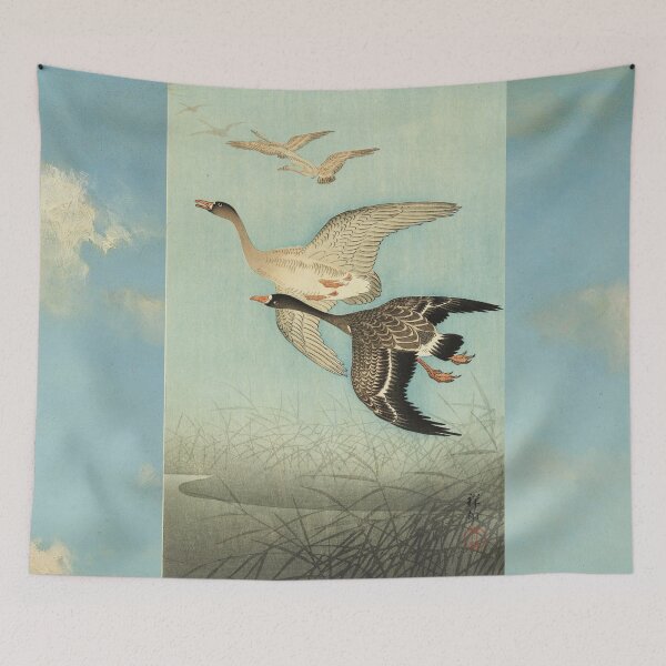Item preview, White fronted Geese in Flight Antique Japanese Paintings designed and sold by BulganLumini.