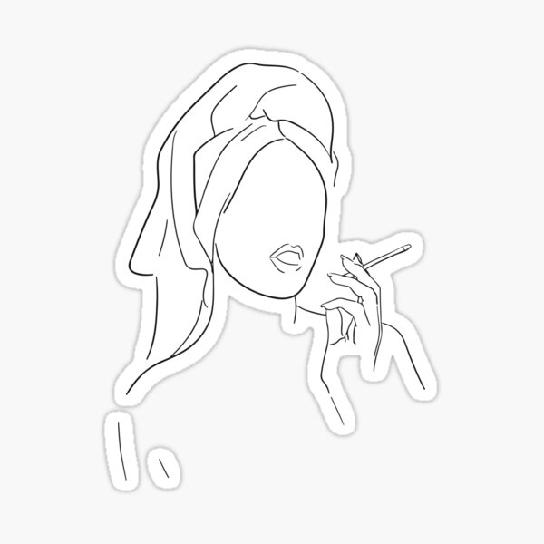 Nude Woman with Towel & Cigarette/weed smoke, Line Art, Single line drawing, modern minimalist Sticker