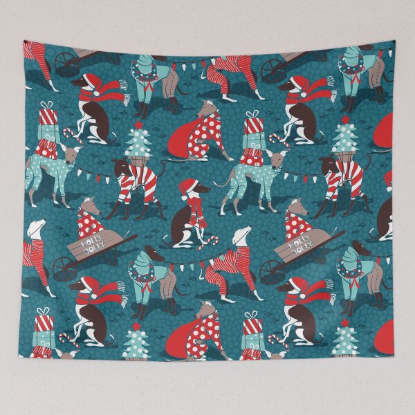 Item preview, Greyhounds Christmas dogwalk // dark teal background designed and sold by SelmaCardoso.