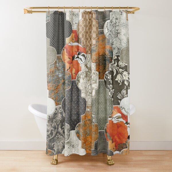 Moroccan Tiles Rust Orange Olive Grey Shower Curtain