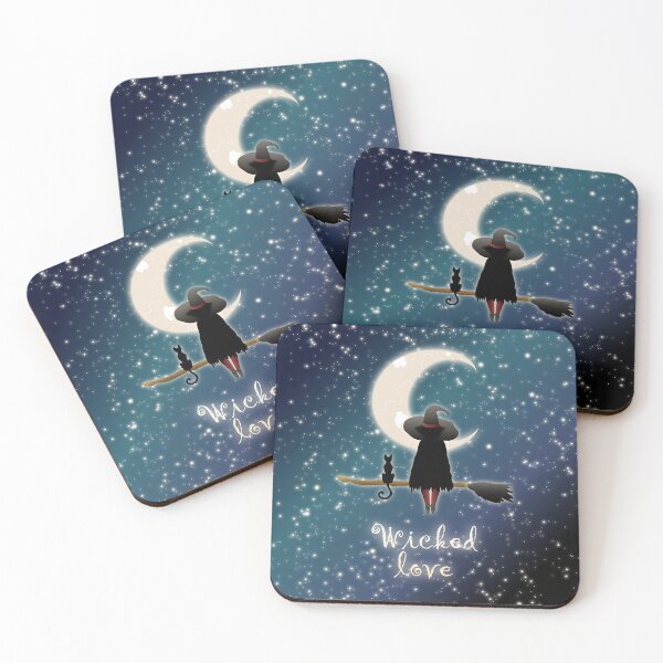 Item preview, Cute Halloween pair of whitch and black cat sitting on broom in space looking at stars and Moon designed and sold by CiniArt.