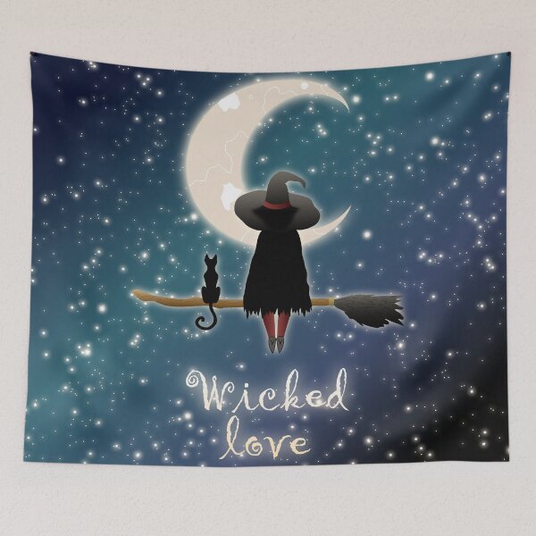 Item preview, Cute Halloween pair of whitch and black cat sitting on broom in space looking at stars and Moon designed and sold by CiniArt.