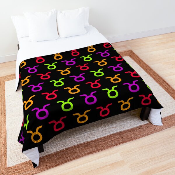 Multicolored Taurus sign, astrology zodiac symbol black background Comforter