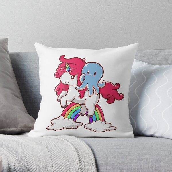 Octopus Riding A Unicorn On A Rainbow Throw Pillow