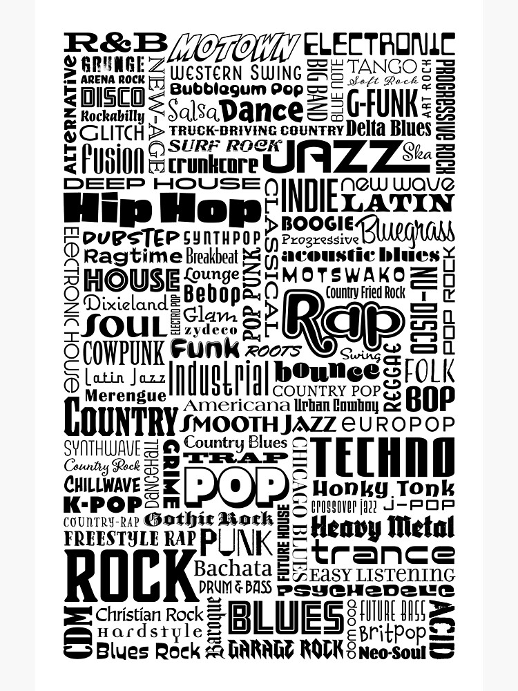 music-genre-word-collage-black-fonts-poster-for-sale-by-100wordsart-redbubble