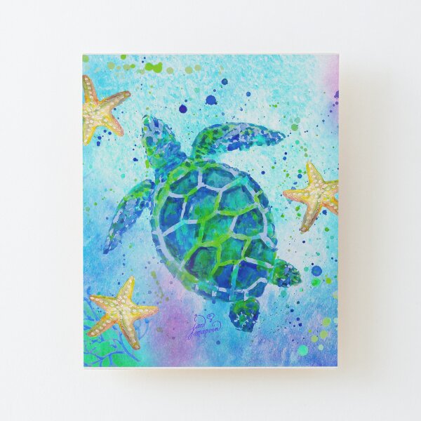 Sea Turtle with Starfish Wood Mounted Print