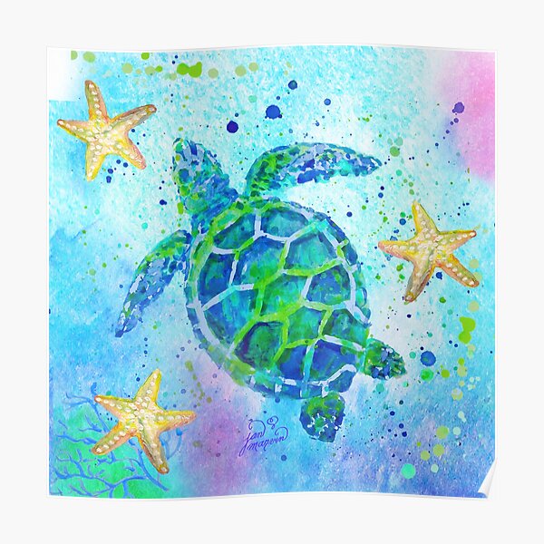 Sea Turtle with Starfish Poster