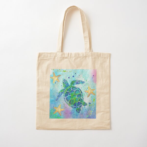 Sea Turtle with Starfish Cotton Tote Bag
