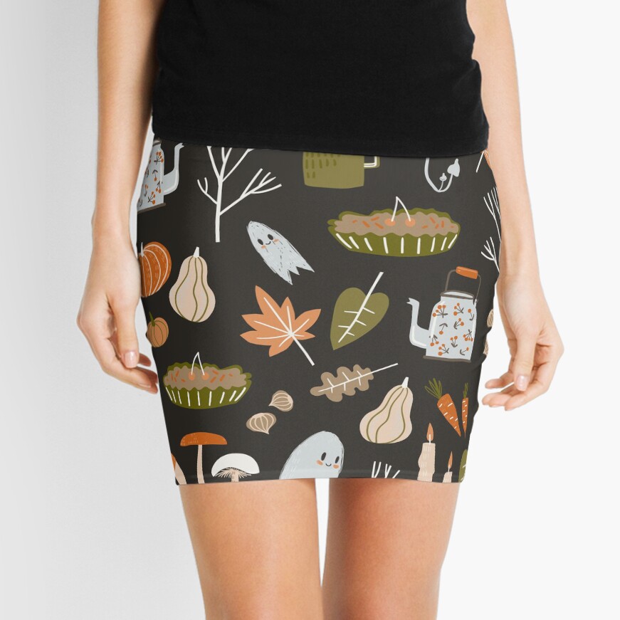 Fall seamless pattern with cozy nature elements. Mini Skirt