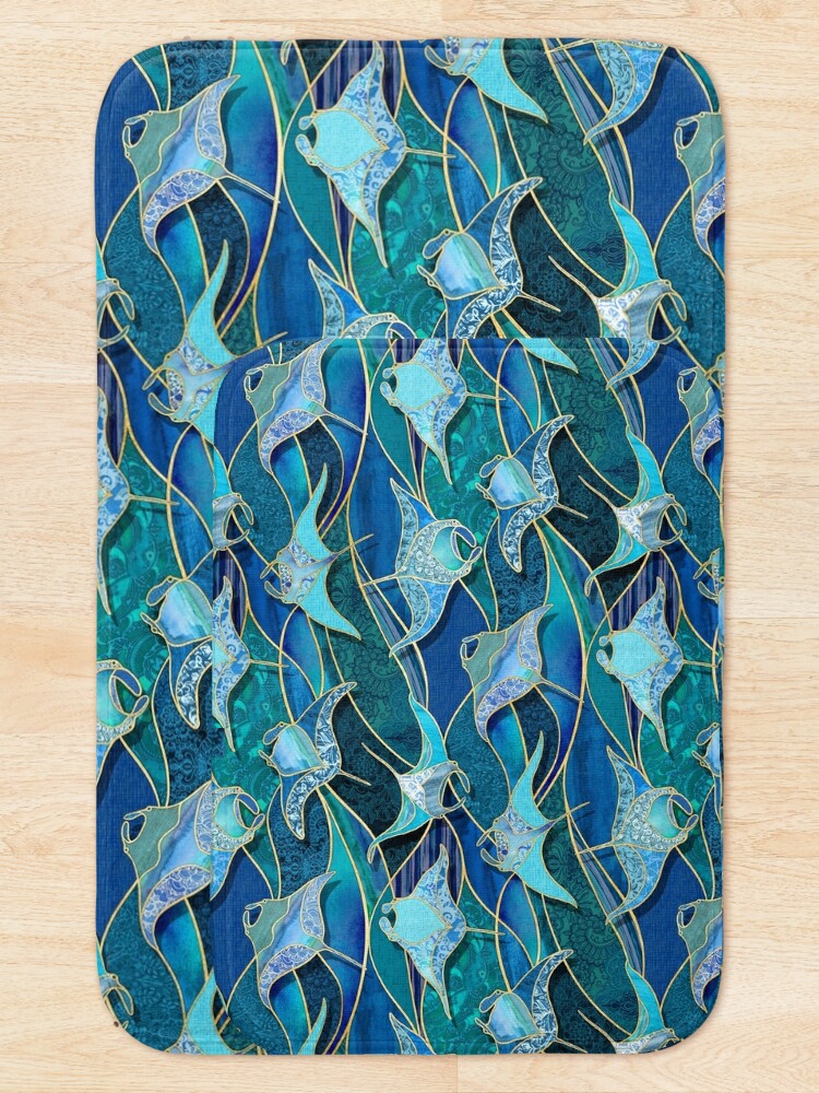 Alternate view of Patchwork Manta Rays in Sapphire and Turquoise Blue Bath Mat