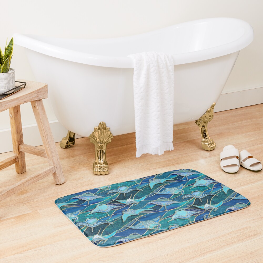 Patchwork Manta Rays in Sapphire and Turquoise Blue Bath Mat