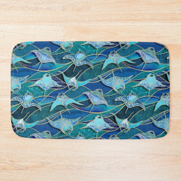 Patchwork Manta Rays in Sapphire and Turquoise Blue Bath Mat