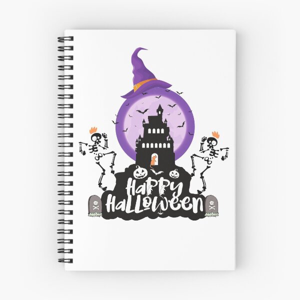 Aperçu de l'œuvre enfants Happy Halloween, squelettes, château, chapeau de sorcière, tombes, citrouilles, chauves-souris Essential créée et vendue par Freeshstyle.
