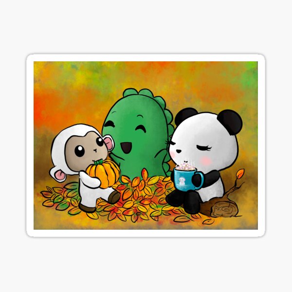 Dino & Panda Digital Painting: Autumn Leaves and Hot Chocolate Sticker